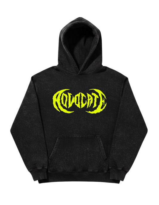 Metal Advocate Mineral Wash Hoodie - Yellow Green Logo